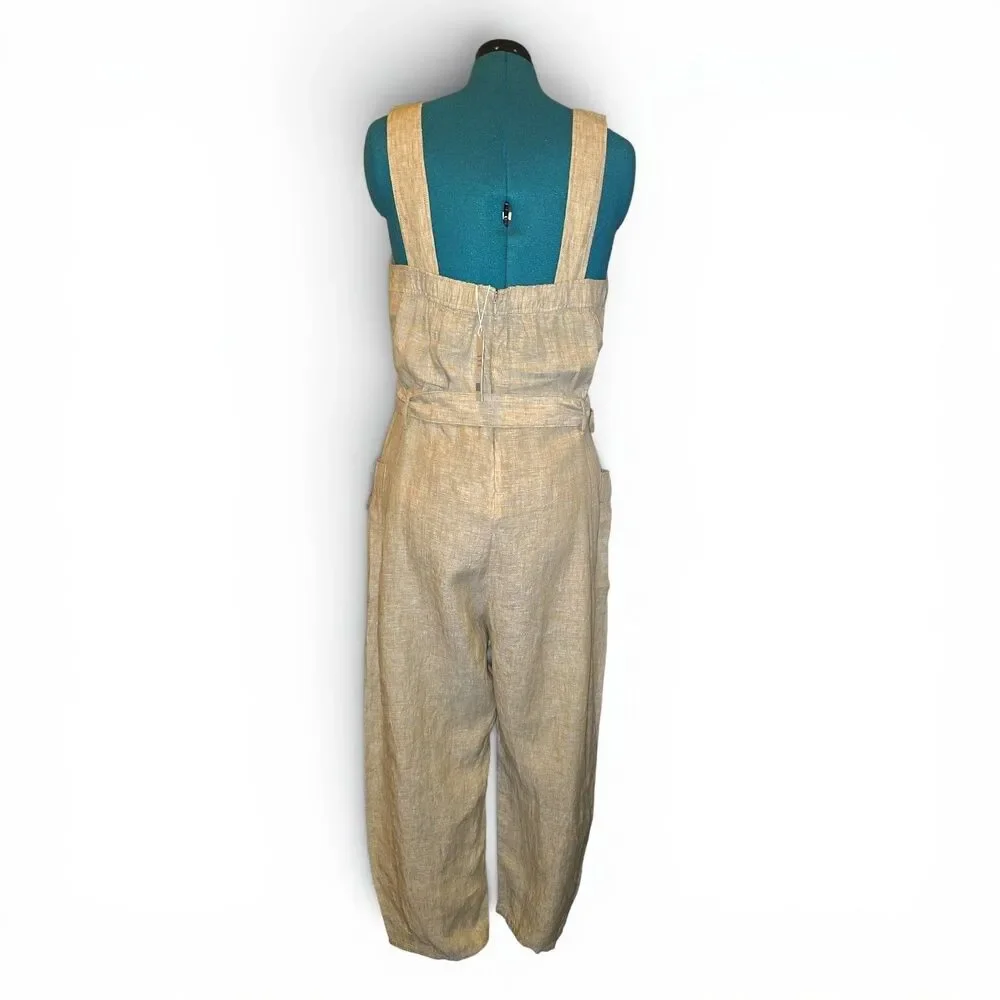Everlane Linen Jumpsuit Size 14 Beige Belted Square Neck Button Sides Sleeveless